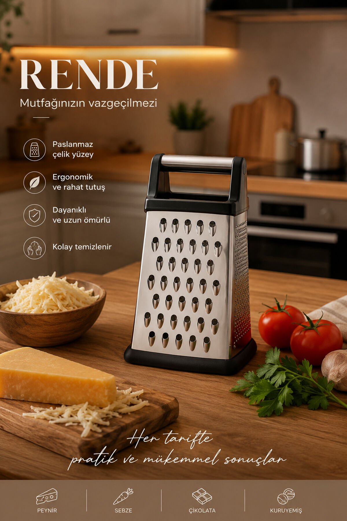 Porsima LM-4023 Razzo 4 Fonksiyonlu Paslanmaz Çelik Rende İnce, Orta, Parmak ve Dilimleme Yüzeyli Silikon Tabanlı Metal Rende 20 cm