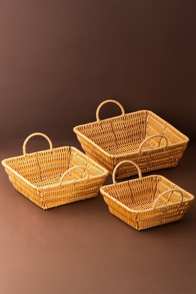 Porsima 303-B Kare 3'lü Dekoratif Ev Düzenleyici Kendinden Kulplu Hasır Seti Banyo Düzenleyici Sepet