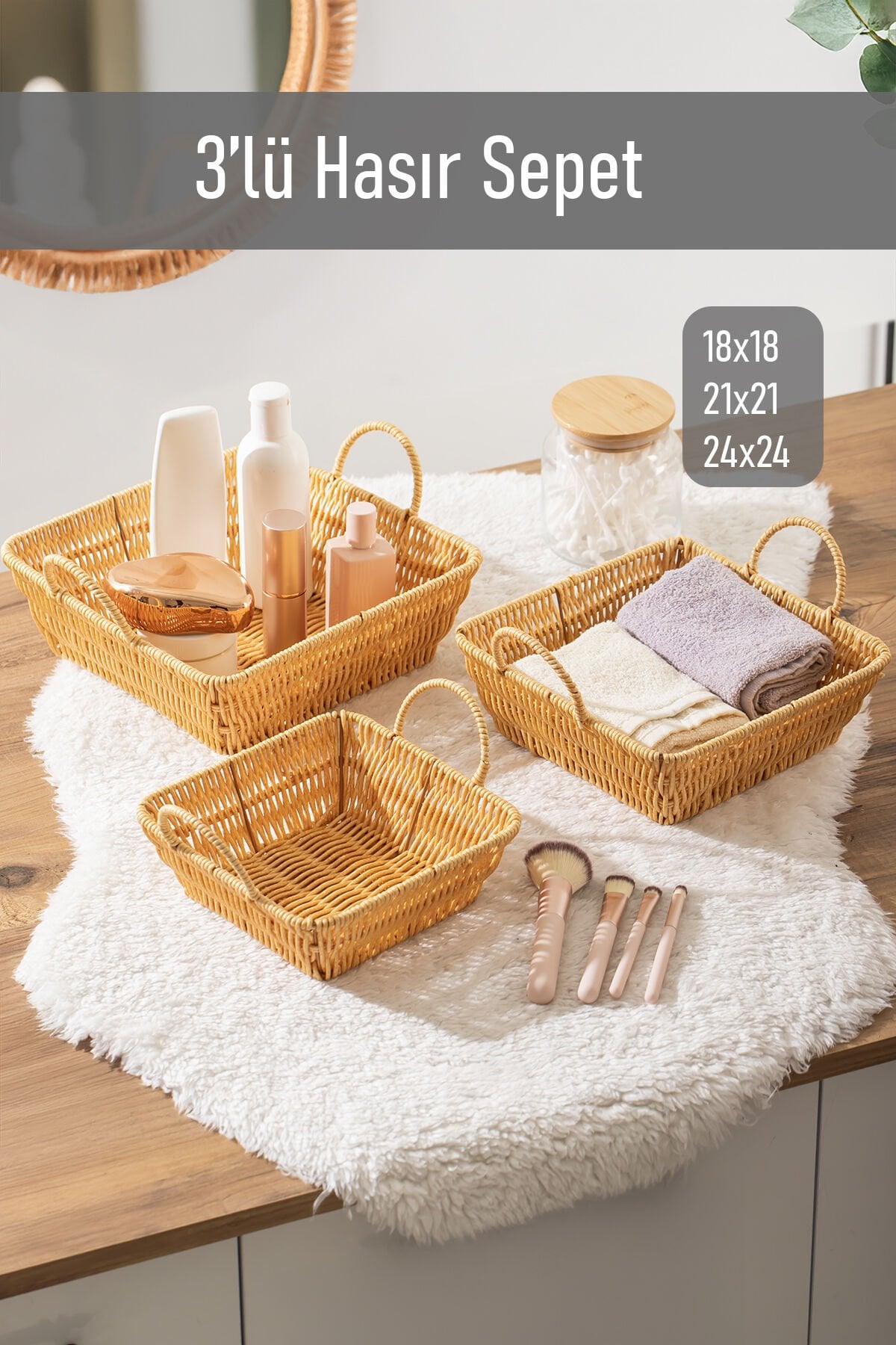 Porsima 303-B Kare 3'lü Dekoratif Ev Düzenleyici Kendinden Kulplu Hasır Seti Banyo Düzenleyici Sepet