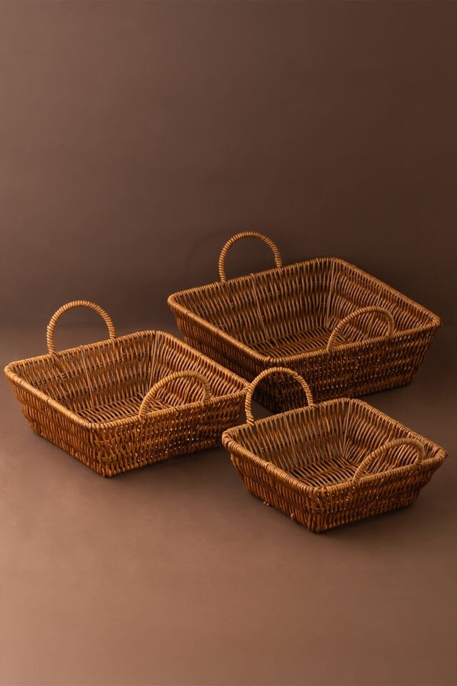 Porsima 303-C Kare 3'lü Dekoratif Ev Düzenleyici Kendinden Kulplu Hasır Seti Banyo Düzenleyici Sepet