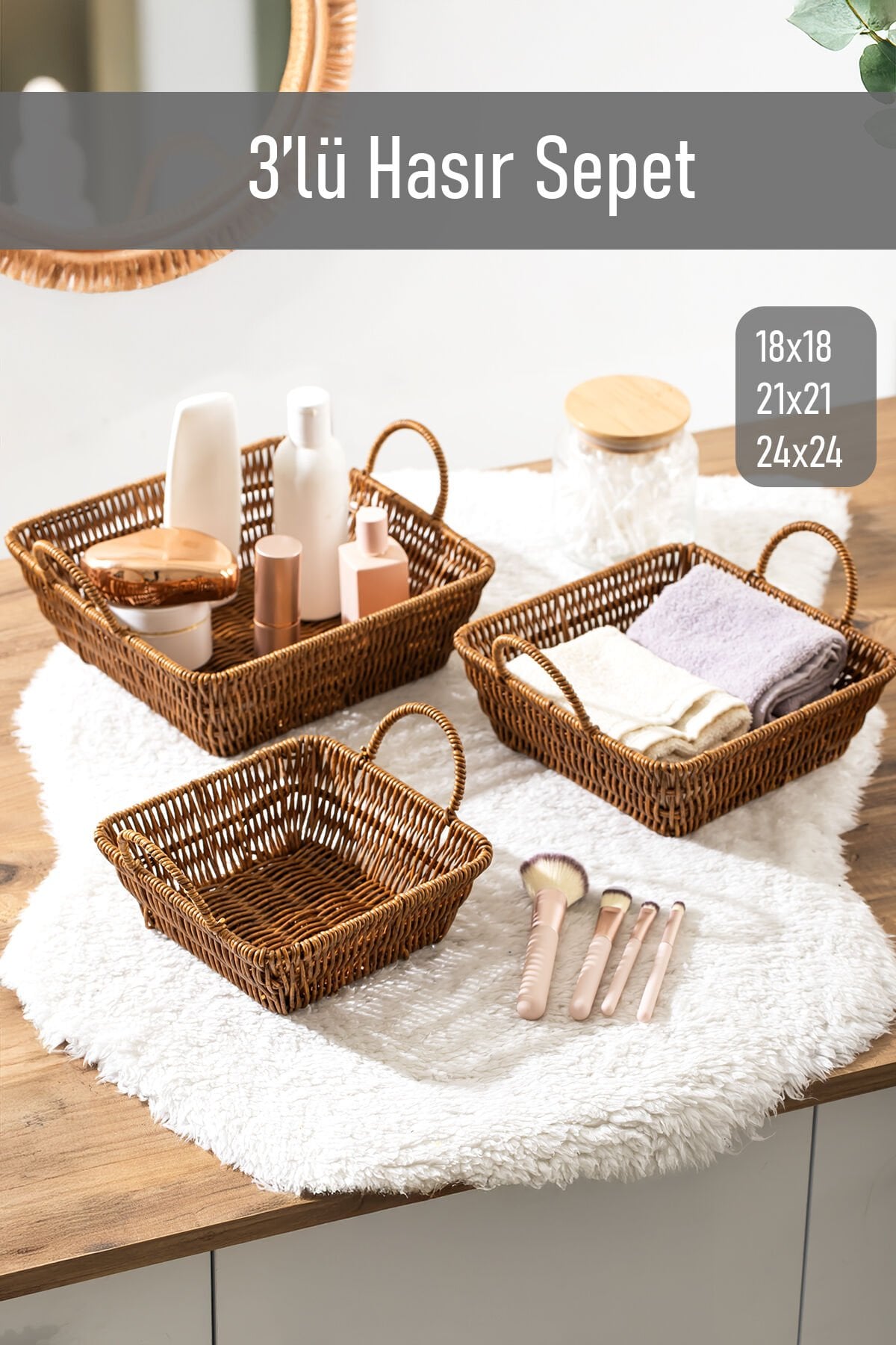 Porsima 303-C Kare 3'lü Dekoratif Ev Düzenleyici Kendinden Kulplu Hasır Seti Banyo Düzenleyici Sepet