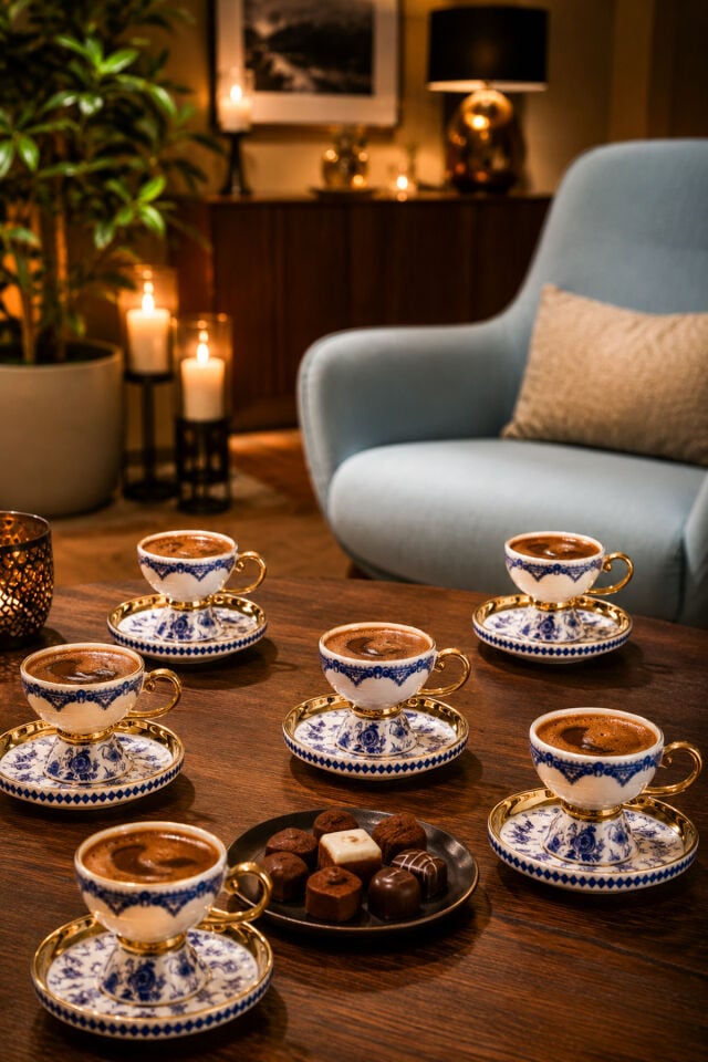 Porsima 2003-2 6 Kişilik 12 Parça Yaldızlı Porselen Türk Kahve Fincan Takımı - Kahve Fincan Seti - 90ml