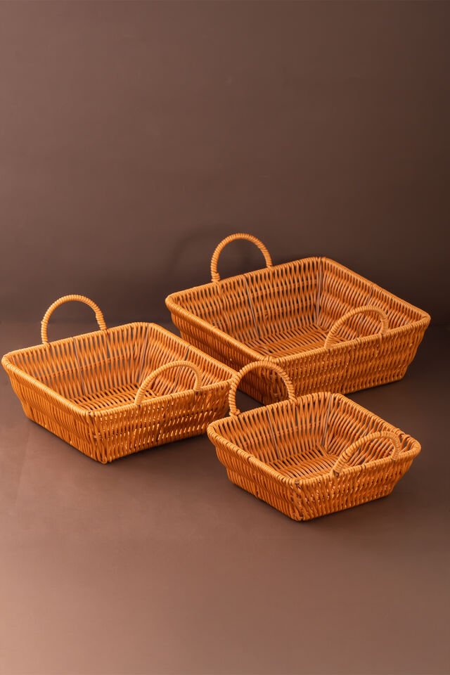 Porsima 303-D Kare 3'lü Dekoratif Ev Düzenleyici Kendinden Kulplu Hasır Seti Banyo Düzenleyici Sepet