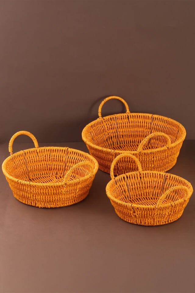 Porsima 304-A Yuvarlak 3'lü Dekoratif Ev Düzenleyici Kendinden Kulplu Hasır Seti Banyo Düzenleyici Sepet