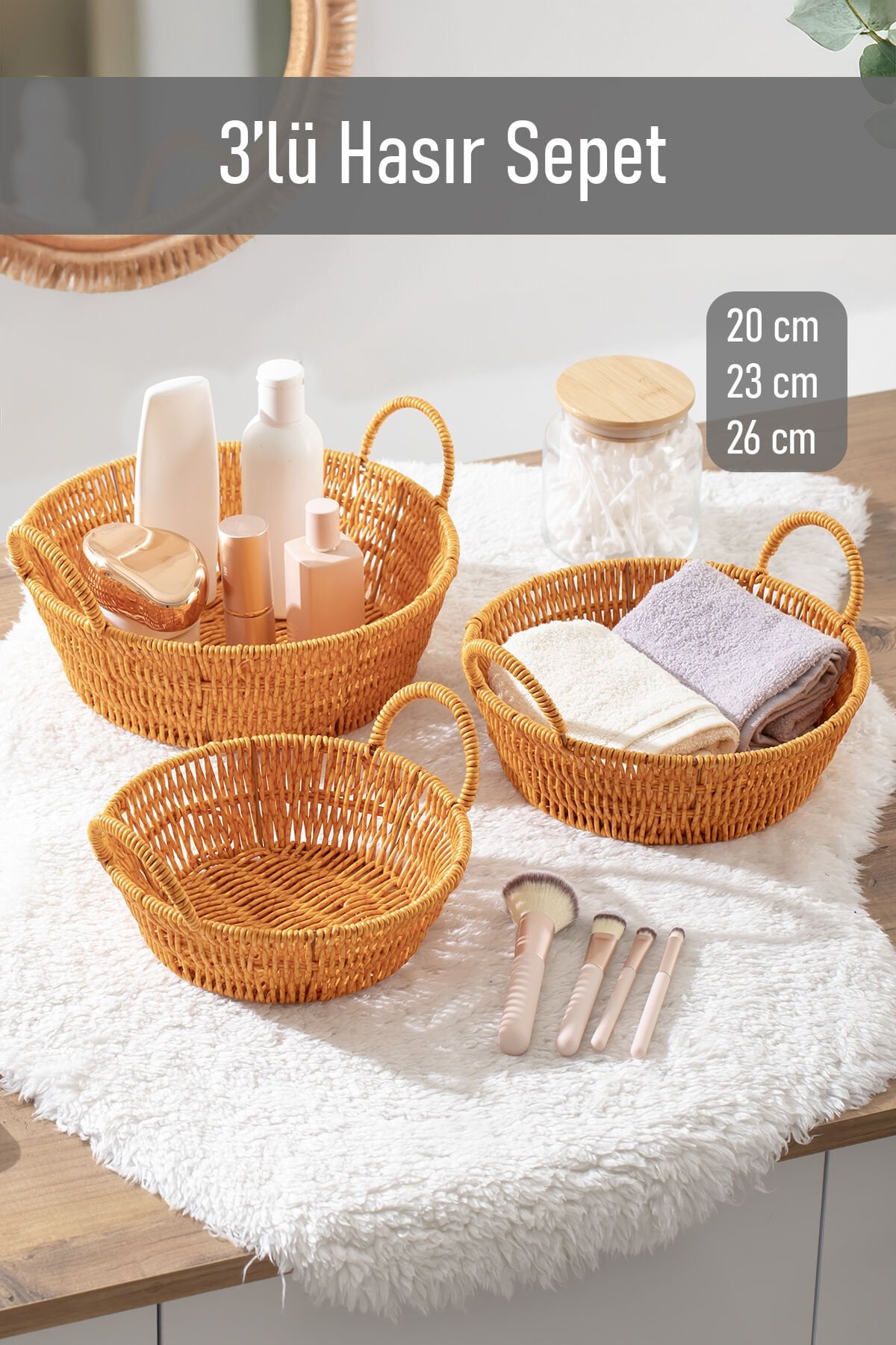 Porsima 304-A Yuvarlak 3'lü Dekoratif Ev Düzenleyici Kendinden Kulplu Hasır Seti Banyo Düzenleyici Sepet