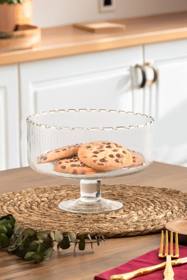 Porisma RGY027 Lines Ayaklı Cam Kek Fanusu, Pasta / Kek / Tatlı Şık Sunum Standı 19 Cm