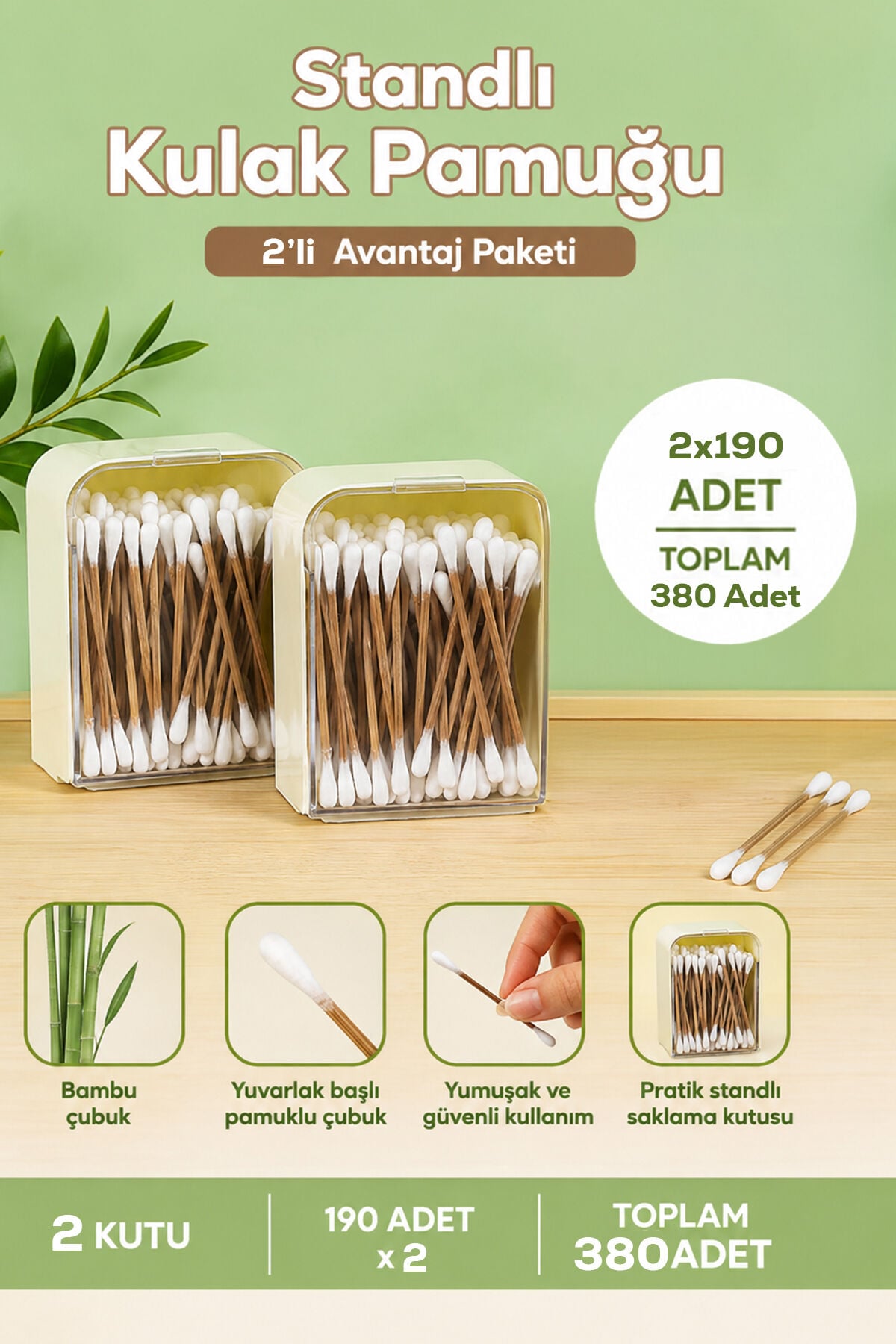 Porsima 3135 Doğal Ahşap Bambu Saplı Standlı 2li Kulak Temizleme Çubuğu Seti- 360 Adet