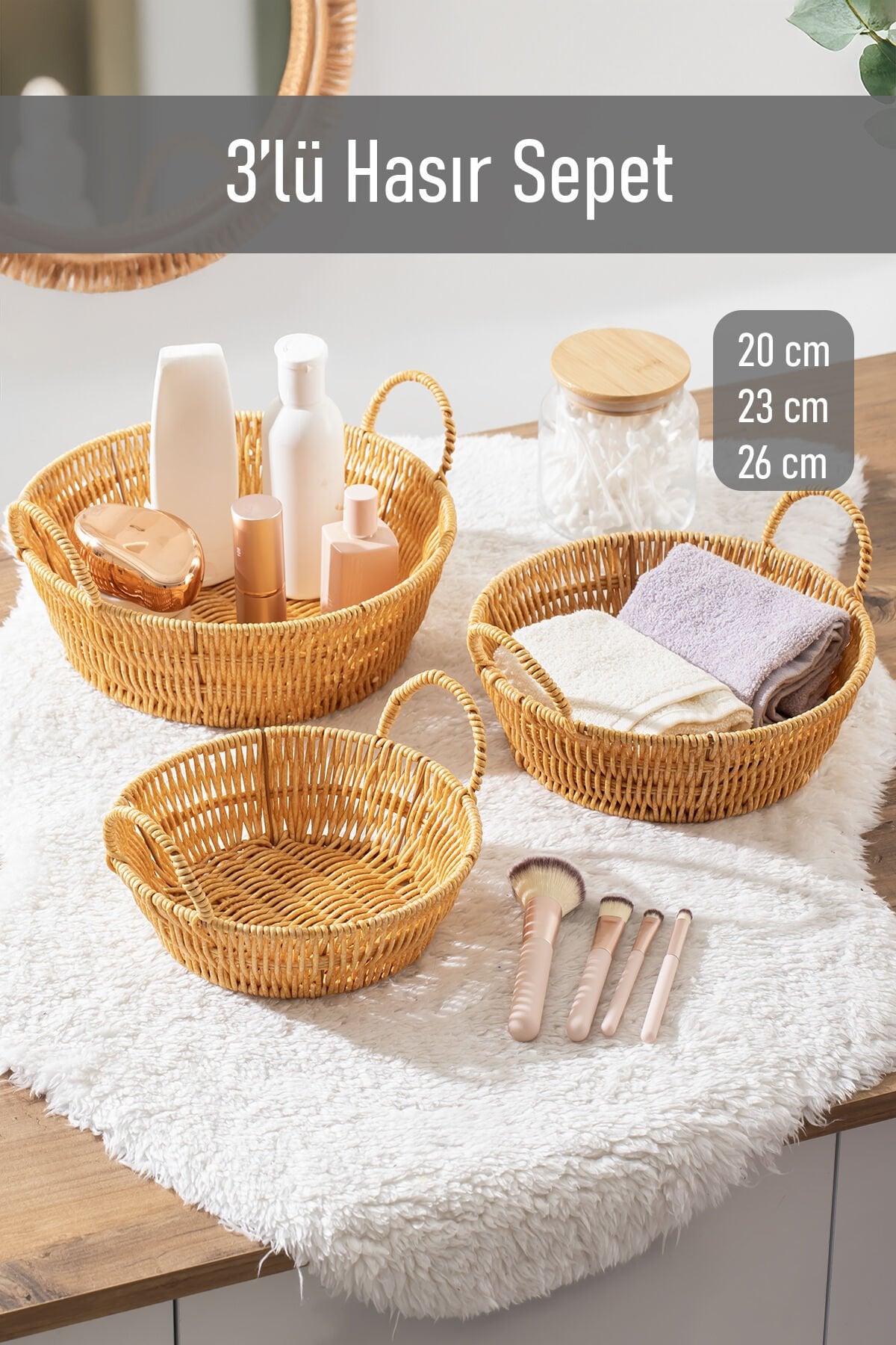 Porsima 304-B Yuvarlak 3'lü Dekoratif Ev Düzenleyici Kendinden Kulplu Hasır Seti Banyo Düzenleyici Sepet