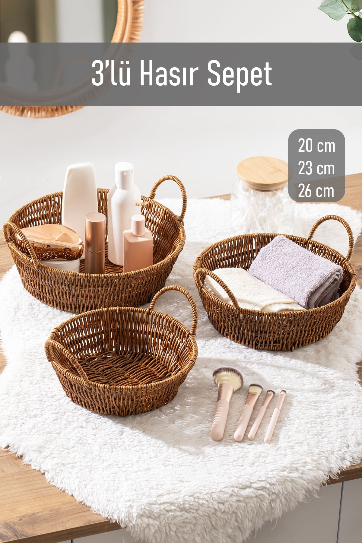 Porsima 304-C Yuvarlak 3'lü Dekoratif Ev Düzenleyici Kendinden Kulplu Hasır Seti Banyo Düzenleyici Sepet