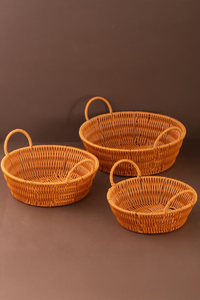 Porsima 304-D Yuvarlak 3'lü Dekoratif Ev Düzenleyici Kendinden Kulplu Hasır Seti Banyo Düzenleyici Sepet
