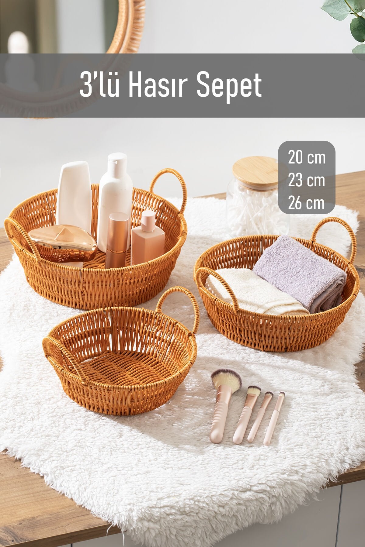 Porsima 304-D Yuvarlak 3'lü Dekoratif Ev Düzenleyici Kendinden Kulplu Hasır Seti Banyo Düzenleyici Sepet
