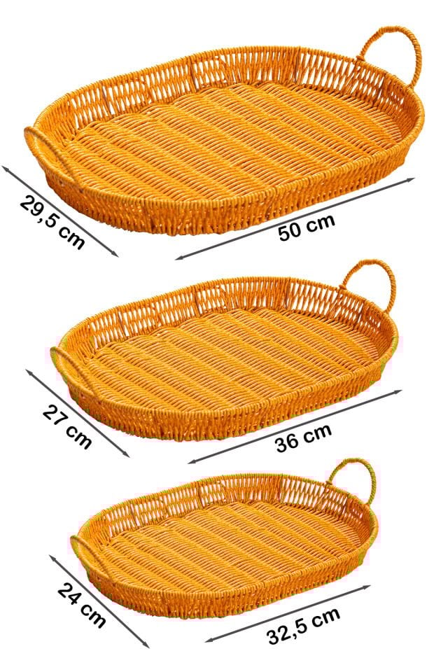 Porsima 708-A Oval 3'lü Dekoratif Ev Mutfak Düzenleyici Kulplu Hasır Sepet Seti Hasır Tepsi