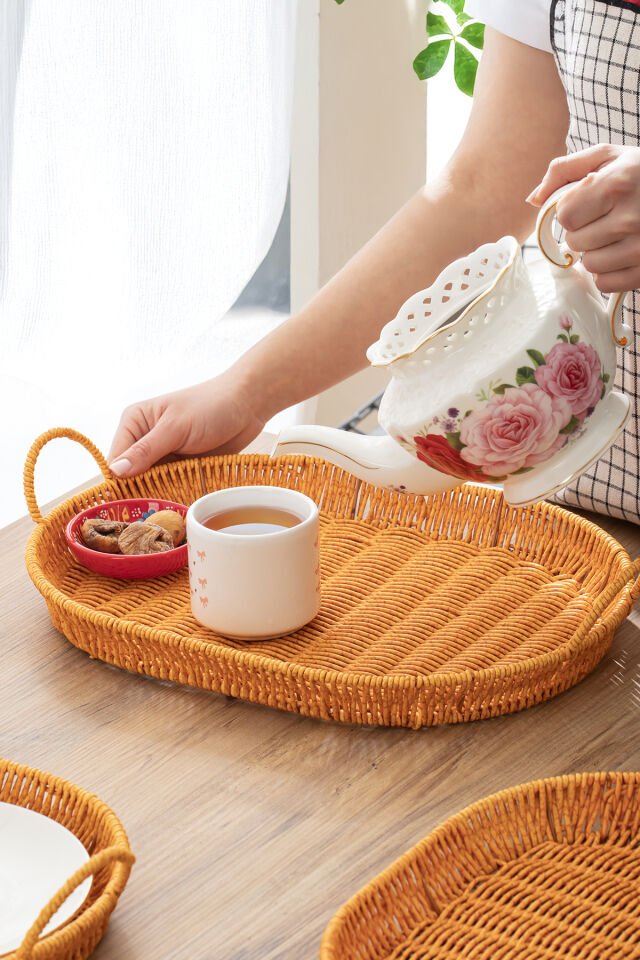 Porsima 708-A Oval 3'lü Dekoratif Ev Mutfak Düzenleyici Kulplu Hasır Sepet Seti Hasır Tepsi