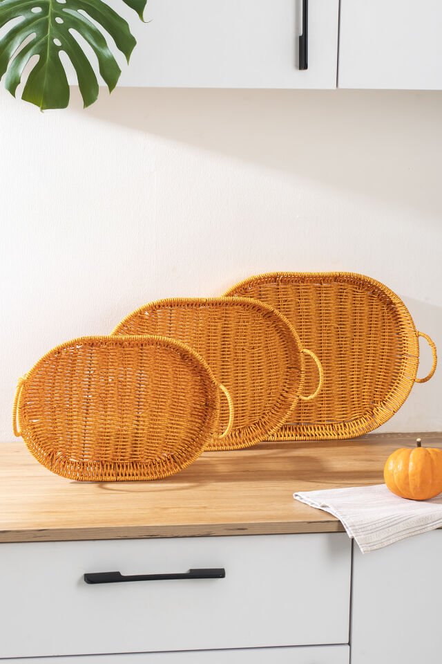 Porsima 708-A Oval 3'lü Dekoratif Ev Mutfak Düzenleyici Kulplu Hasır Sepet Seti Hasır Tepsi