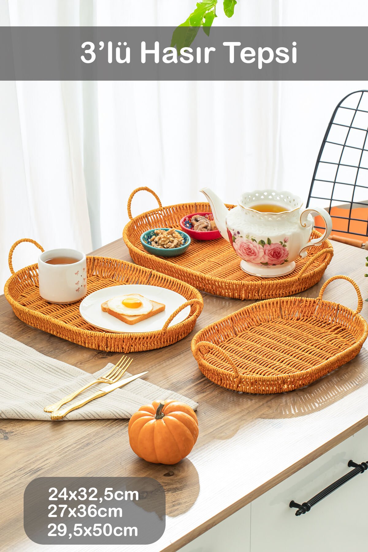 Porsima 708-A Oval 3'lü Dekoratif Ev Mutfak Düzenleyici Kulplu Hasır Sepet Seti Hasır Tepsi