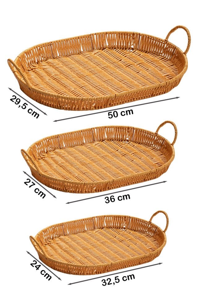 Porsima 708-B Oval 3'lü Dekoratif Ev Mutfak Düzenleyici Kulplu Hasır Sepet Seti Hasır Tepsi