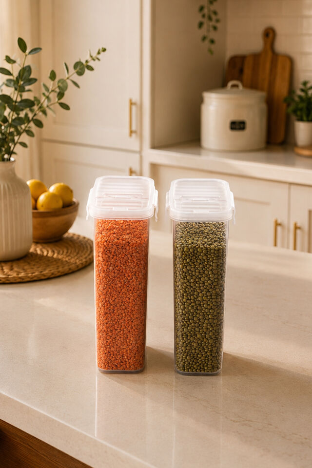 Porsima L-00895-2 2'li Erzak Saklama Kabı Seti – Hava Geçirmez Kapaklı,Düzenleyici Mutfak Saklama Kabı,Tablet Toz Deterjan Saklama kabı 2,5 Litre Şeffaf