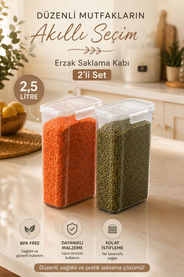 Porsima L-00895-2 2'li Erzak Saklama Kabı Seti – Hava Geçirmez Kapaklı,Düzenleyici Mutfak Saklama Kabı,Tablet Toz Deterjan Saklama kabı 2,5 Litre Şeffaf