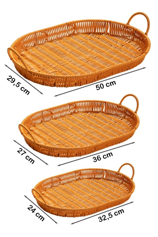 Porsima 708-D Oval 3'lü Dekoratif Ev Mutfak Düzenleyici Kulplu Hasır Sepet Seti Hasır Tepsi