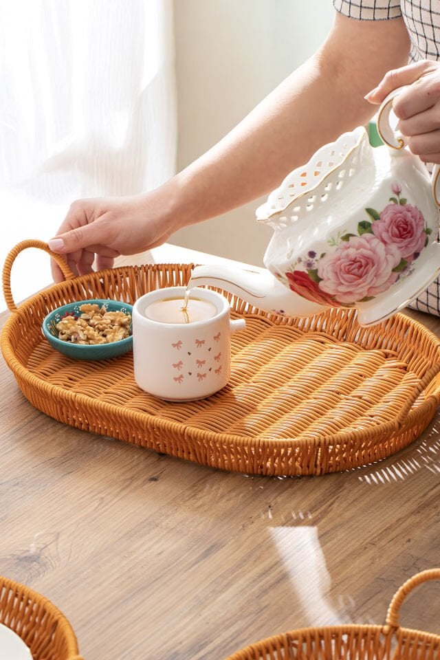 Porsima 708-D Oval 3'lü Dekoratif Ev Mutfak Düzenleyici Kulplu Hasır Sepet Seti Hasır Tepsi