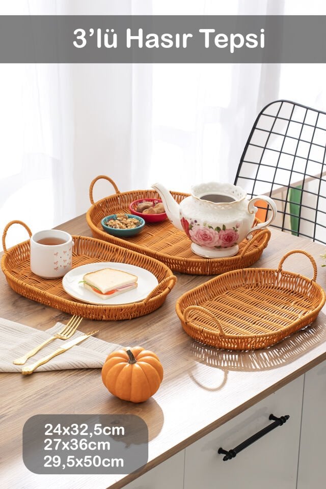 Porsima 708-D Oval 3'lü Dekoratif Ev Mutfak Düzenleyici Kulplu Hasır Sepet Seti Hasır Tepsi