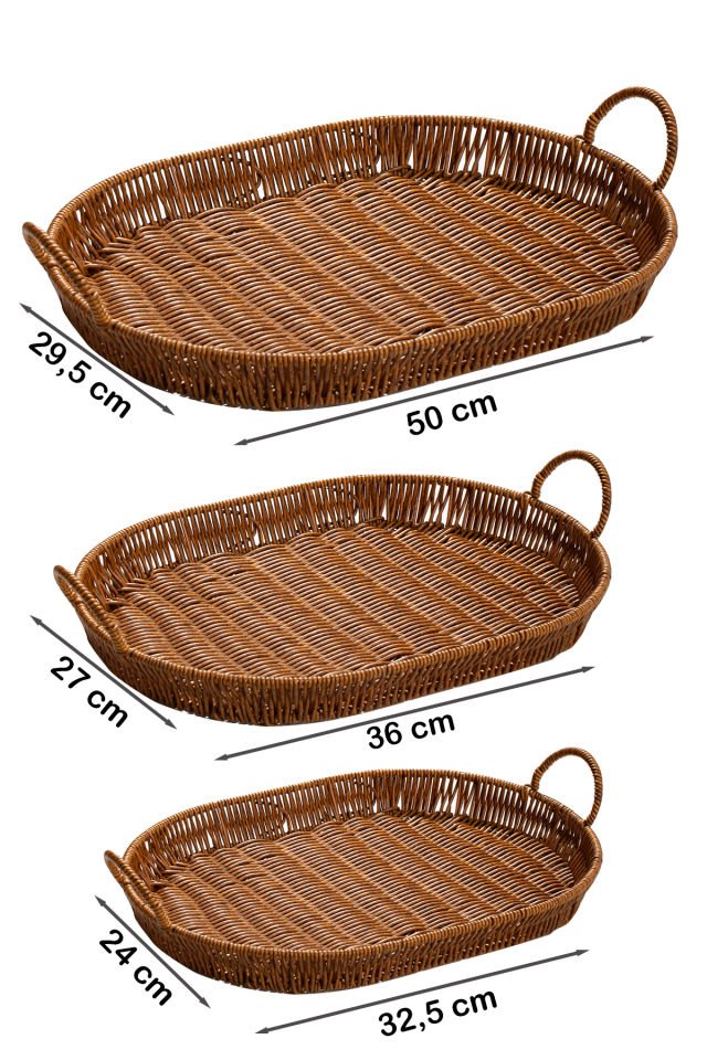Porsima 708-C Oval 3'lü Dekoratif Ev Mutfak Düzenleyici Kulplu Hasır Sepet Seti Hasır Tepsi