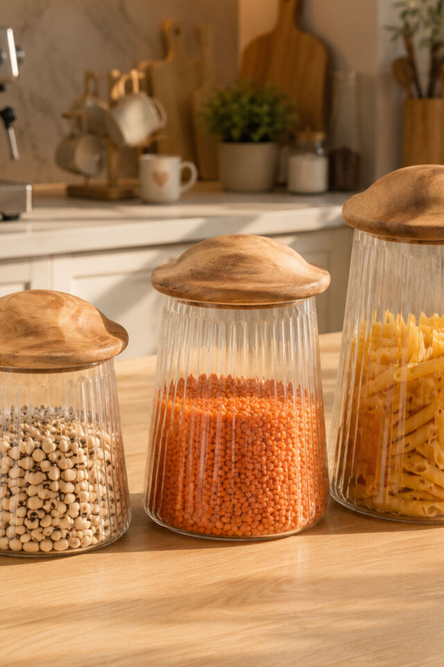 Porsima Mushroom Bambu Vakumlu Kapaklı Yuvarlak Borosilikat Cam 3lü Kavanoz Seti Saklama Kabı