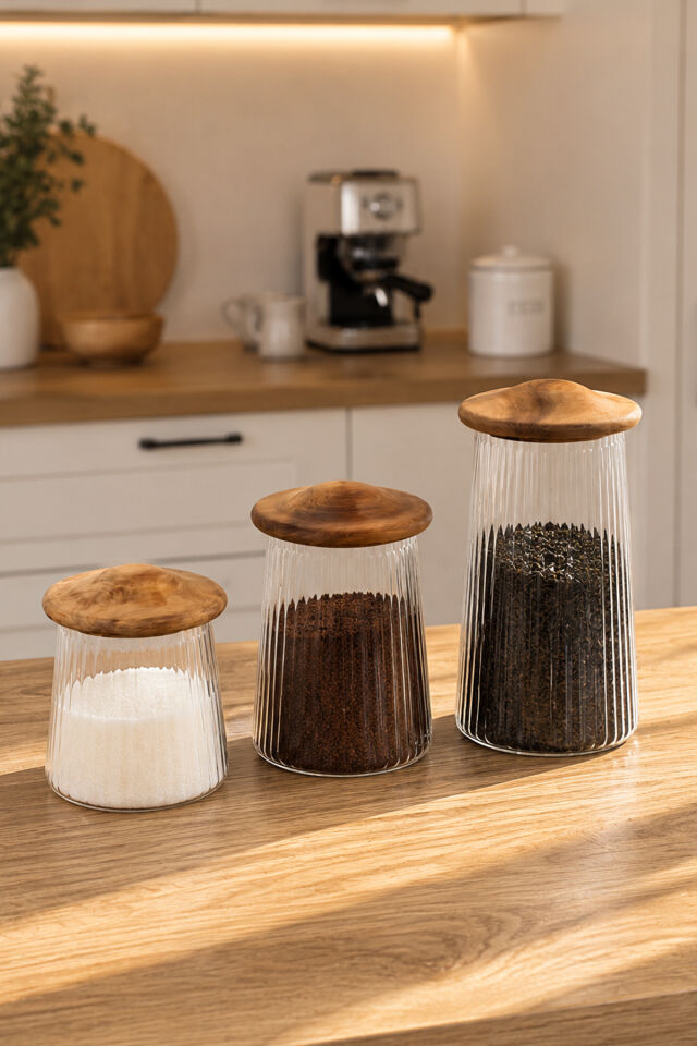 Porsima Mushroom Bambu Vakumlu Kapaklı Yuvarlak Borosilikat Cam 3lü Kavanoz Seti Saklama Kabı