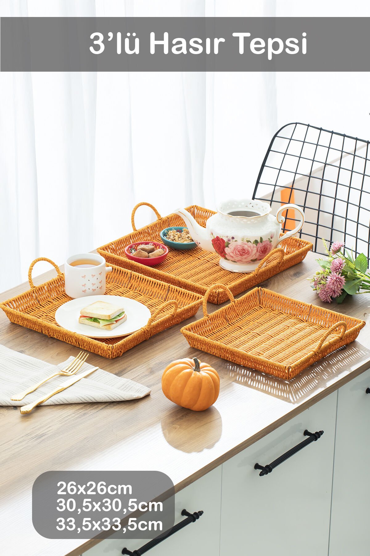 Porsima 709-A Kare 3'lü Dekoratif Ev Banyo Mutfak Düzenleyici Kulplu Hasır Sepet Seti Hasır Tepsi