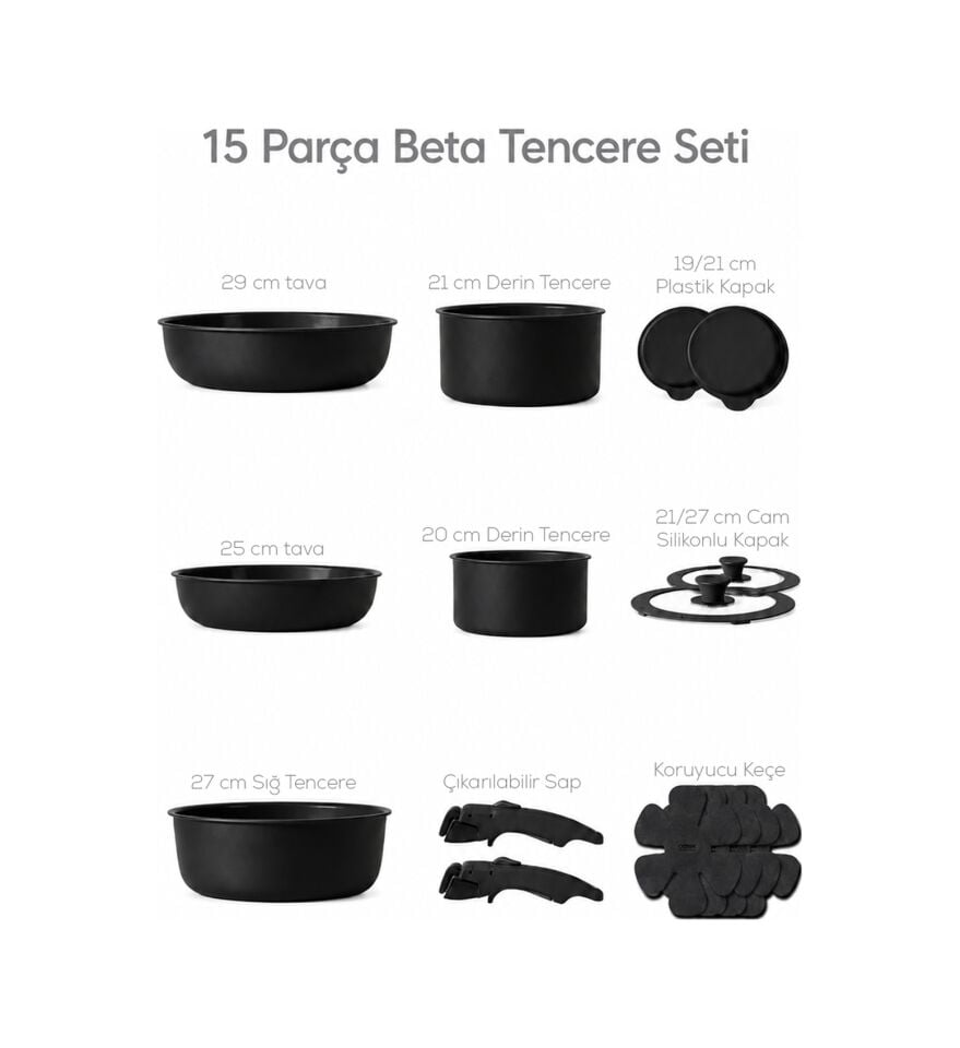 Porsima Perotti 25 Parça Mutfak Seti - 15 Parça İndüksiyonlu Seramik Kaplama Tencere Tava Seti - 10 Parça Pasta ve Tatlı Servis Seti Siyah