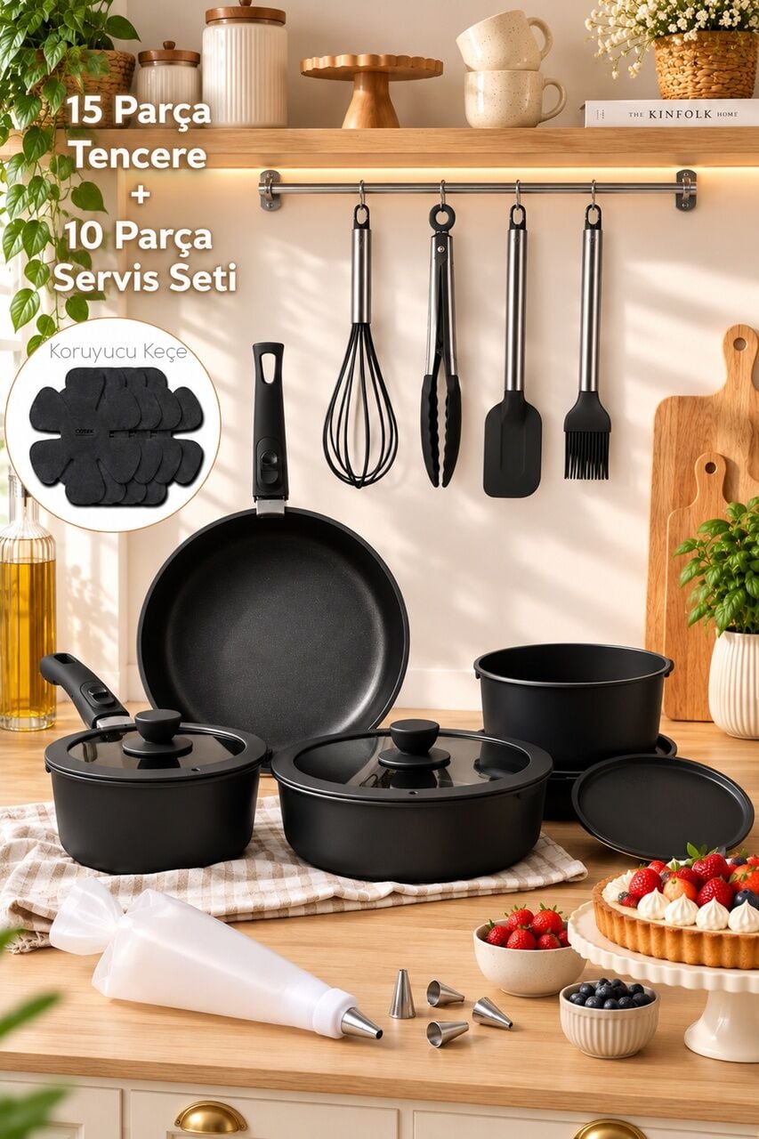 Porsima Perotti 25 Parça Mutfak Seti - 15 Parça İndüksiyonlu Seramik Kaplama Tencere Tava Seti - 10 Parça Pasta ve Tatlı Servis Seti Siyah