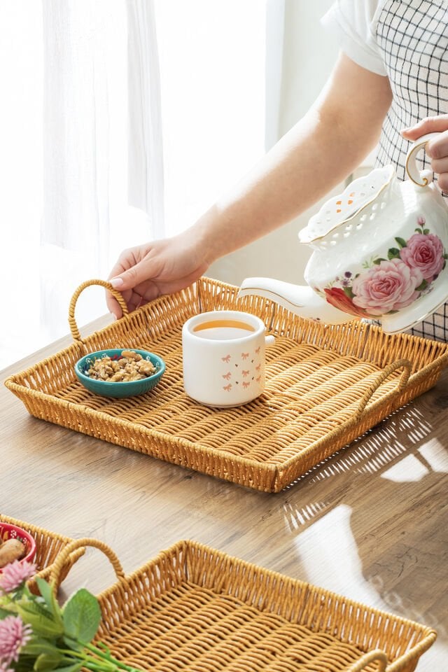 Porsima 709-B Kare 3'lü Dekoratif Ev Banyo Mutfak Düzenleyici Kulplu Hasır Sepet Seti Hasır Tepsi