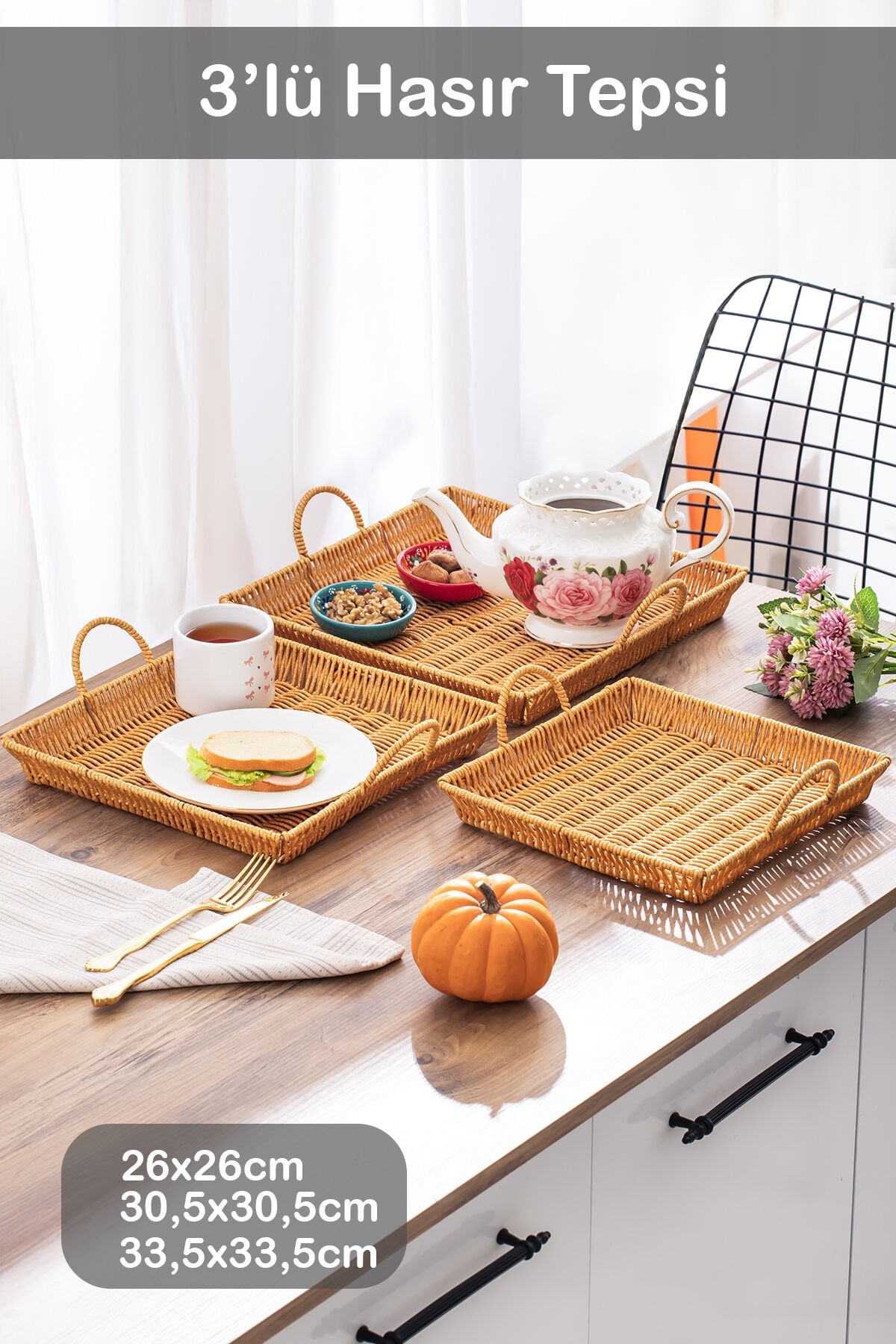 Porsima 709-B Kare 3'lü Dekoratif Ev Banyo Mutfak Düzenleyici Kulplu Hasır Sepet Seti Hasır Tepsi