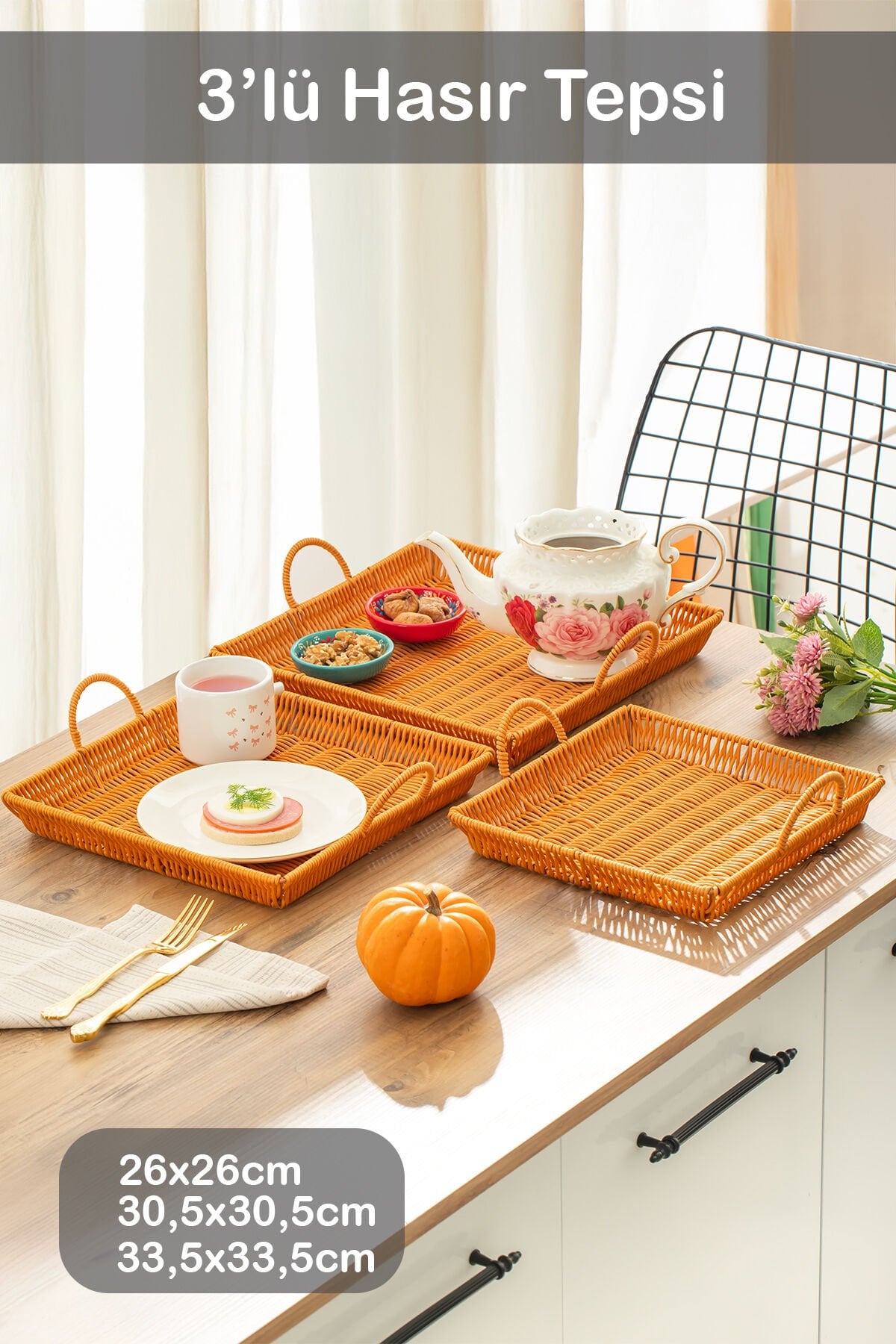 Porsima 709-D Kare 3'lü Dekoratif Ev Banyo Mutfak Düzenleyici Kulplu Hasır Sepet Seti Hasır tepsi