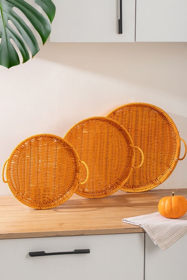 Porsima 710-A Yuvarlak 3'lü Dekoratif Ev Banyo Mutfak Düzenleyici Kulplu Hasır Sepet Seti Ekmeklik Takımı