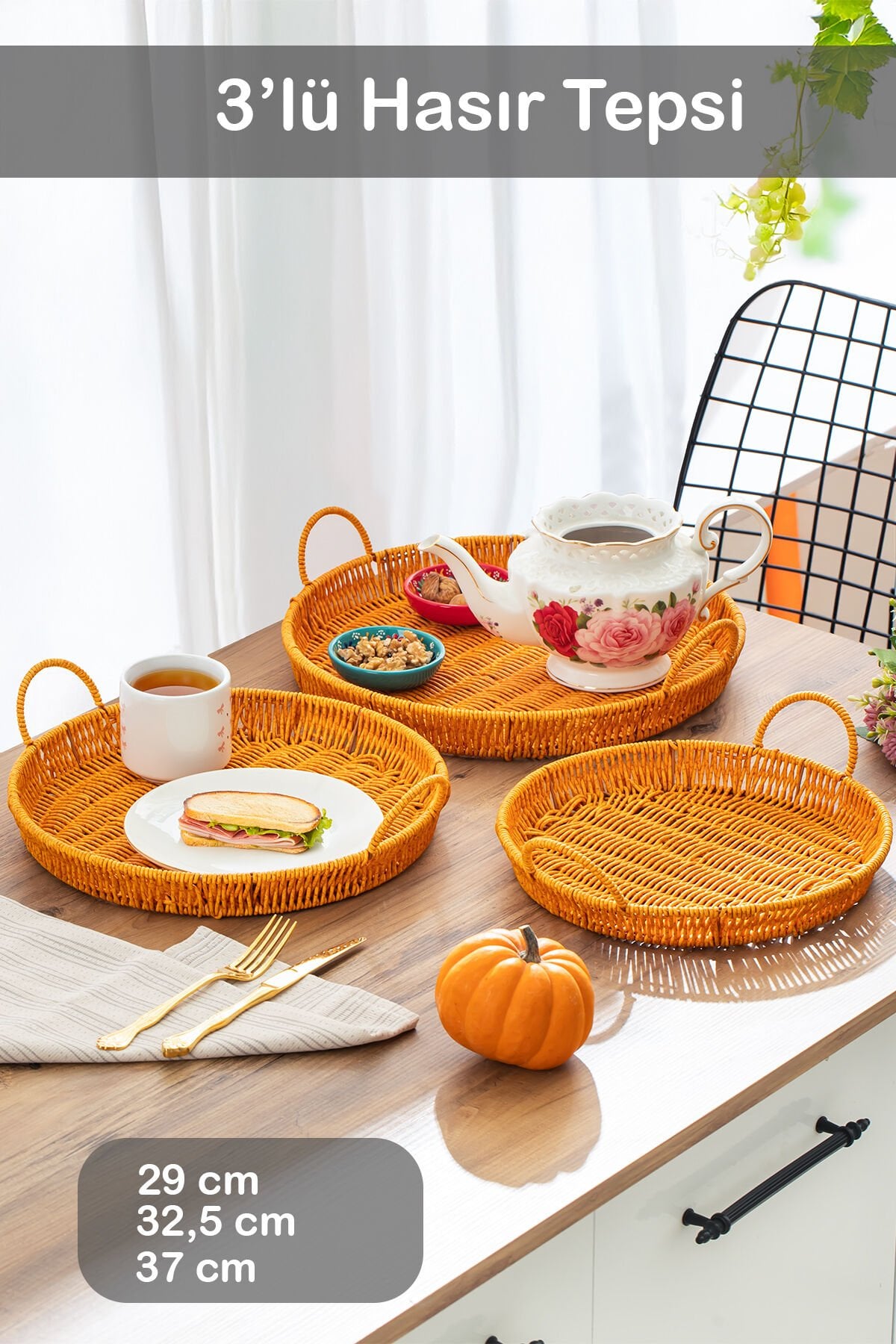 Porsima 710-A Yuvarlak 3'lü Dekoratif Ev Banyo Mutfak Düzenleyici Kulplu Hasır Sepet Seti Ekmeklik Takımı