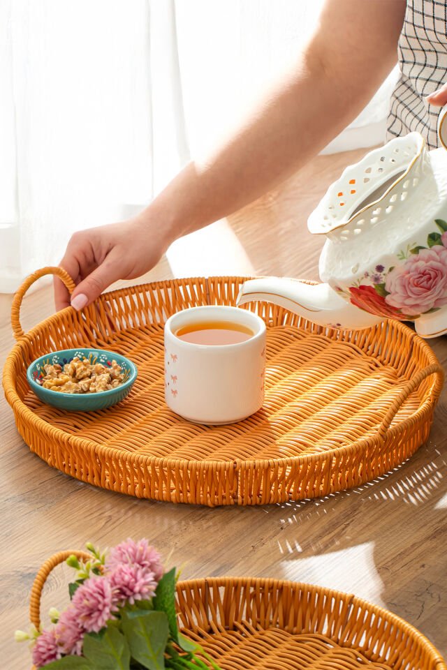 Porsima 710-D Yuvarlak 3'lü Dekoratif Ev Banyo Mutfak Düzenleyici Kulplu Hasır Sepet Seti Ekmeklik Takımı