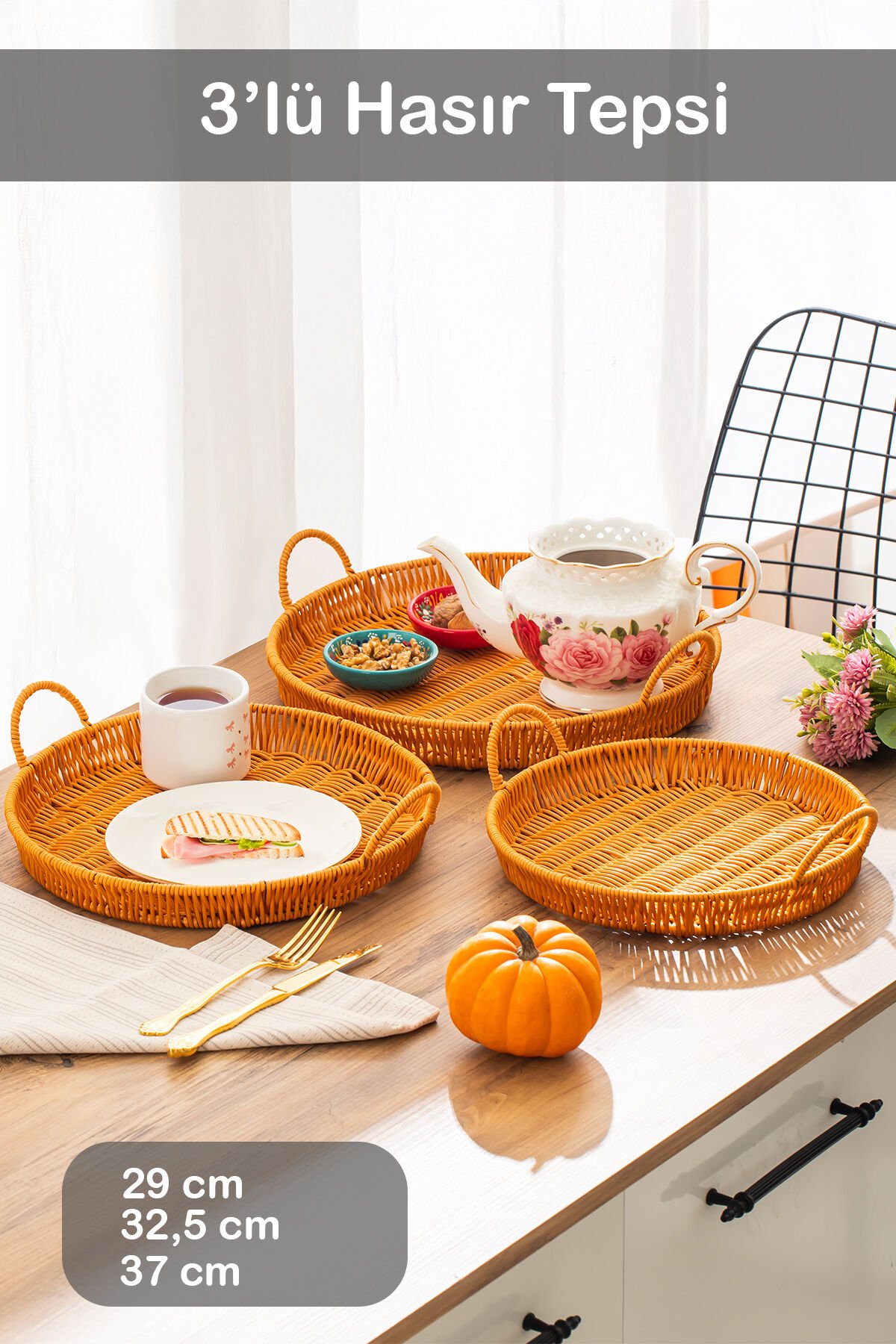 Porsima 710-D Yuvarlak 3'lü Dekoratif Ev Banyo Mutfak Düzenleyici Kulplu Hasır Sepet Seti Ekmeklik Takımı