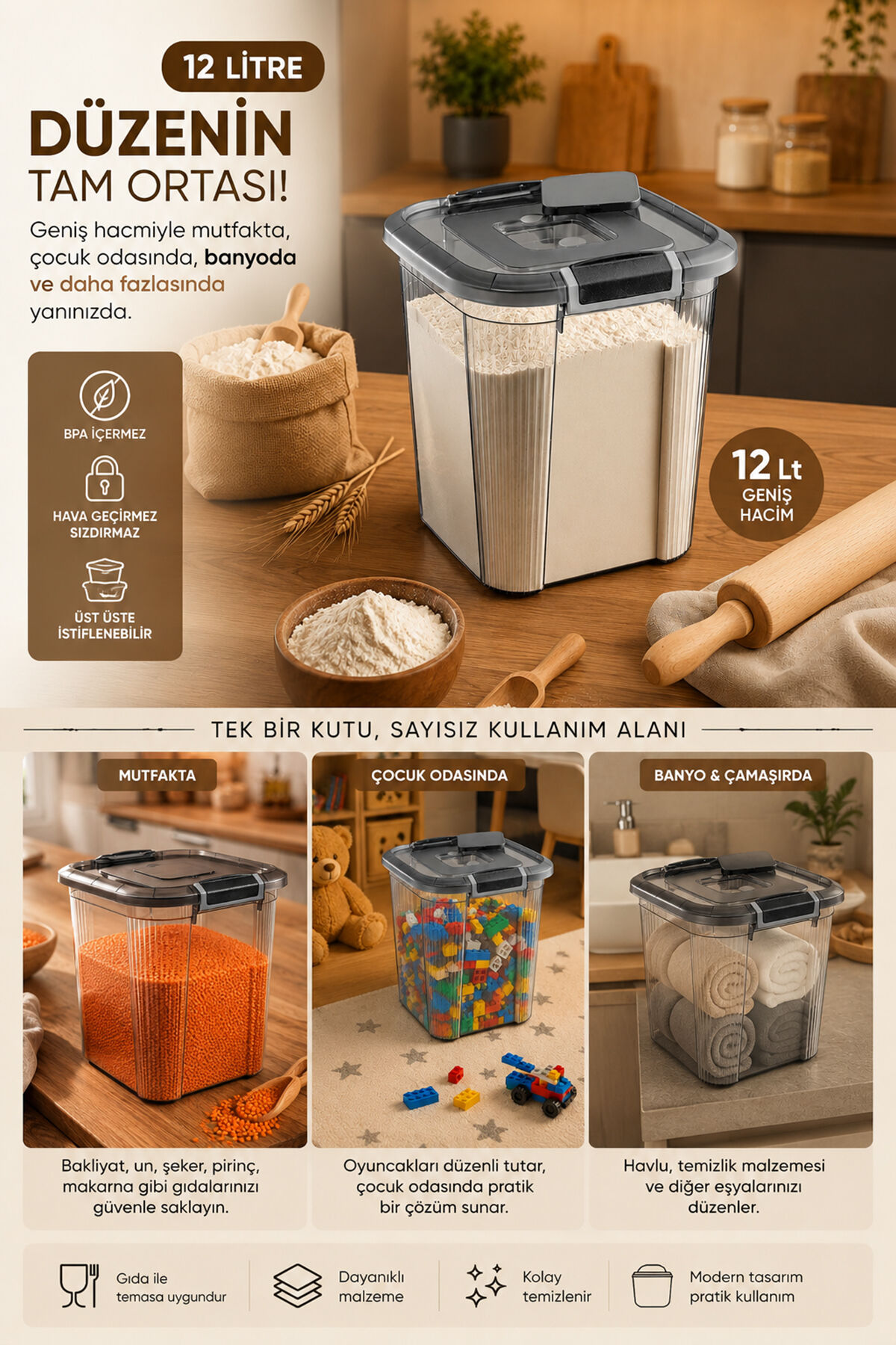 Porsima 9974 Royal Box 12 Litre Kare Hava Geçirmez Sızdırmaz Kapaklı Saklama Kabı