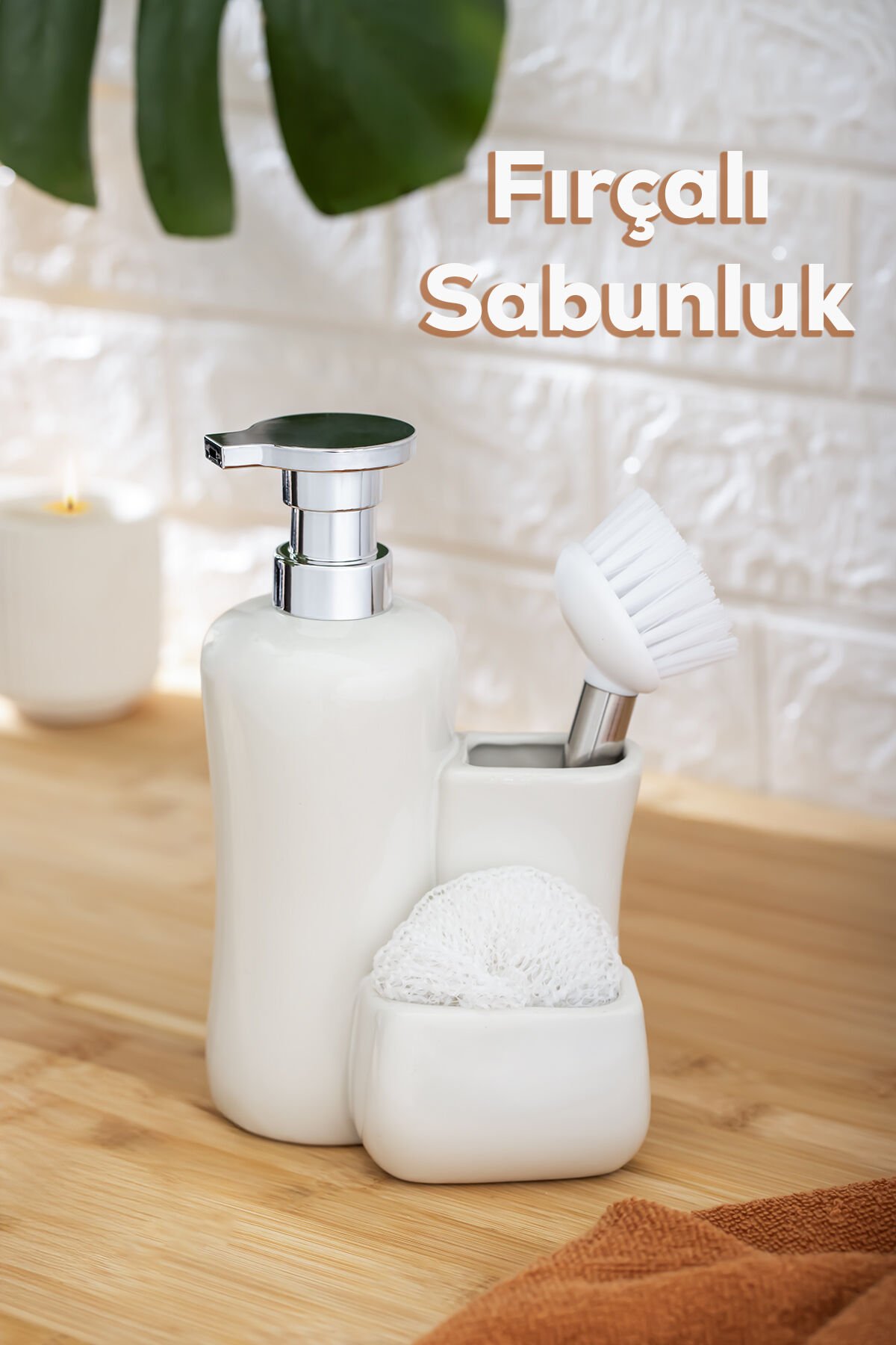 Porsima 277743 Tezgah Üstü Beyaz Sıvı Sabunluk Fırçalı Süngerli Porselen Sabunluk 550ml 20cm