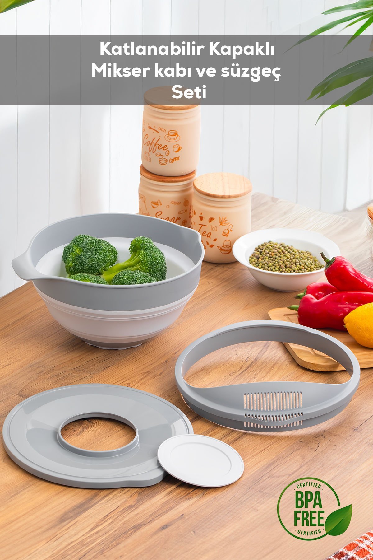 Porsima S-00113 Akordiyon Katlanabilir Süzgeç Seti, Mikser Karıştırma Kabı Mutfak Çeyiz Seti