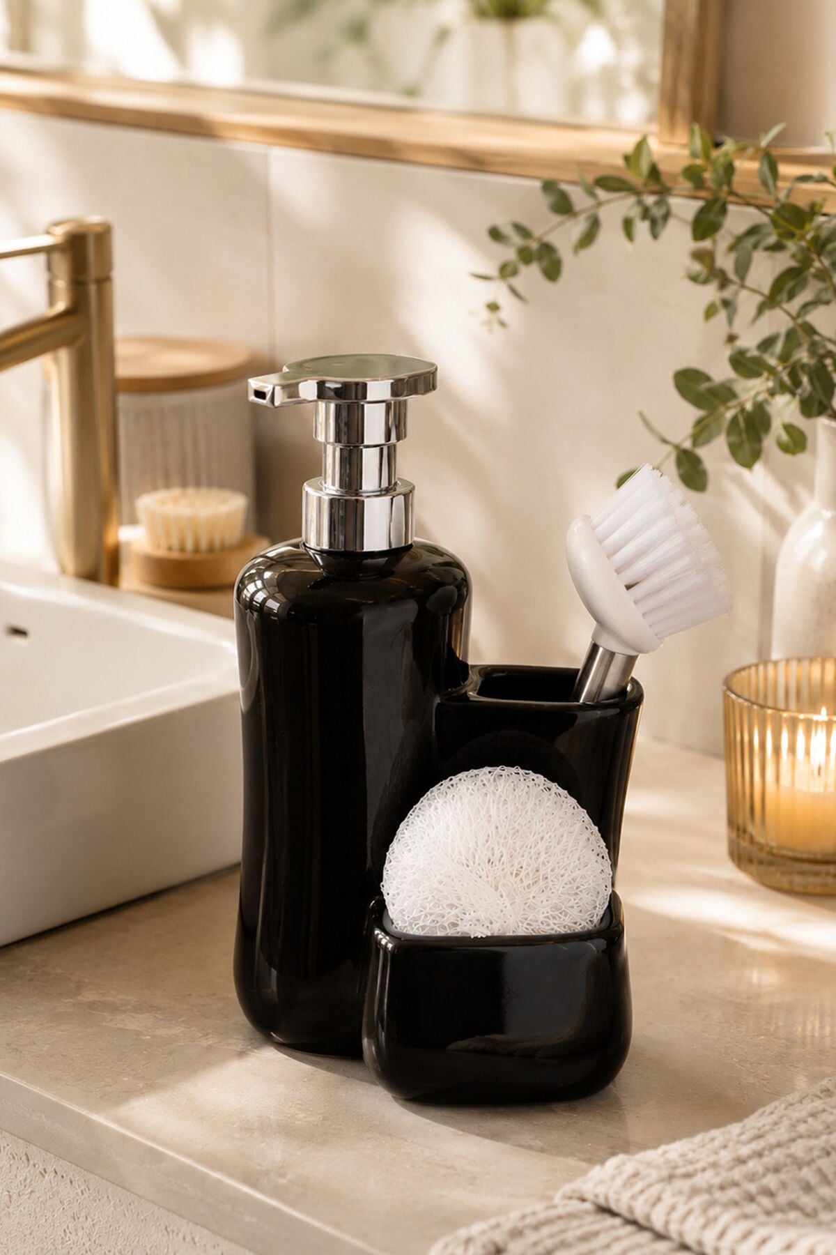 Porsima 268669 Tezgah Üstü Siyah Sıvı Sabunluk Fırçalı Süngerli Porselen Sabunluk 550ML 20cm