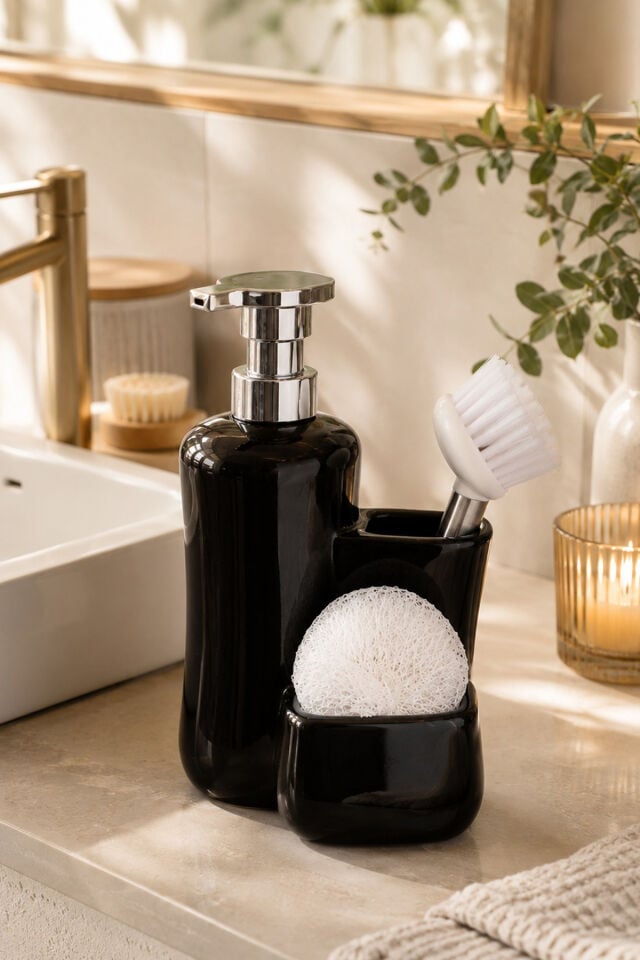 Porsima 268669 Tezgah Üstü Siyah Sıvı Sabunluk Fırçalı Süngerli Porselen Sabunluk 550ML 20cm