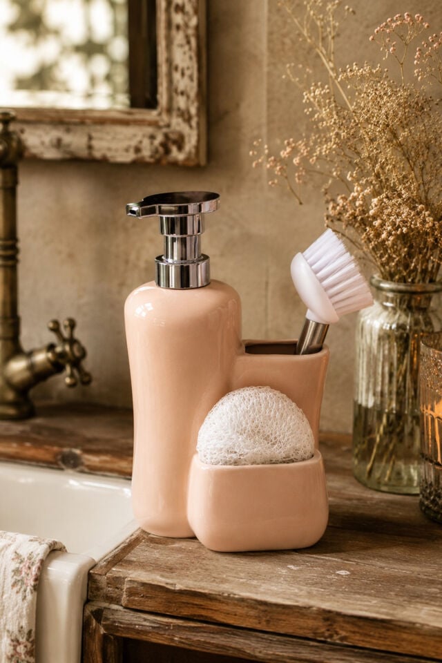 Porsima 277744 Tezgah Üstü Pudra Sıvı Sabunluk Fırçalı Süngerli Porselen Sabunluk 550ML 20cm