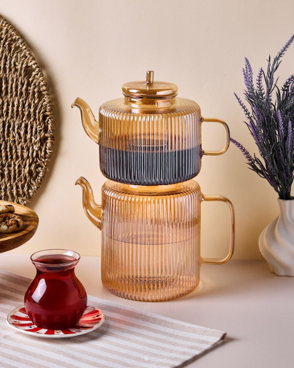 Perotti Tobby Line Amber Çizgili Borosilikat Cam Çaydanlık 1.1L + 1.75L 16803