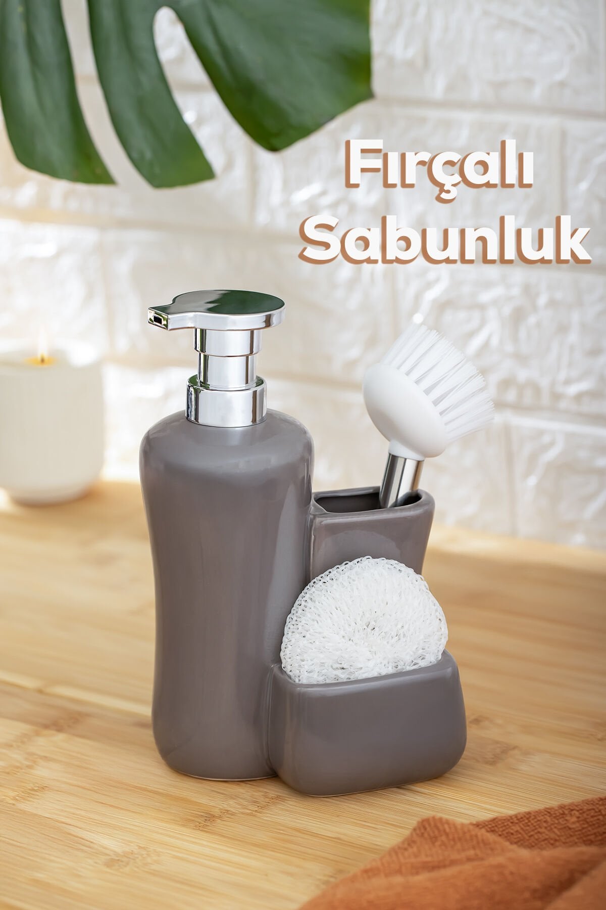 Porsima 277746 Tezgah Üstü Gri Sıvı Sabunluk Fırçalı Süngerli Porselen Sabunluk 550ML 20cm