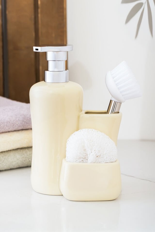 Porsima 277745 Tezgah Üstü Krem Sıvı Sabunluk Fırçalı Süngerli Porselen Sabunluk 550ML 20cm