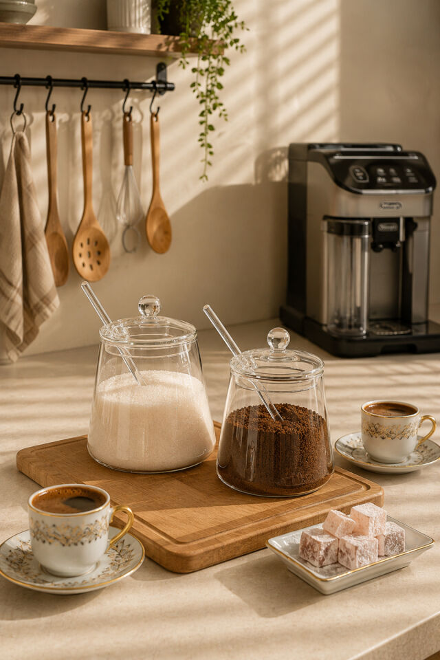 Porsima LM-0019 Kaşıklı Kapaklı Cam 2li Şekerlik Sunumluk Seti Bal Ve Reçel Kavanozu Saklama Kabı 500ml