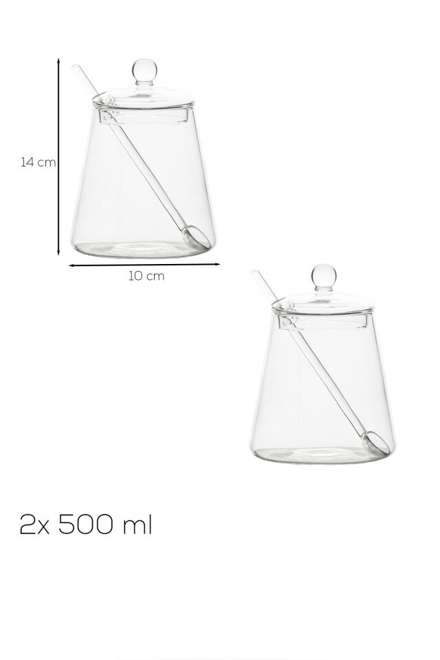 Porsima LM-0019 Kaşıklı Kapaklı Cam 2li Şekerlik Sunumluk Seti Bal Ve Reçel Kavanozu Saklama Kabı 500ml