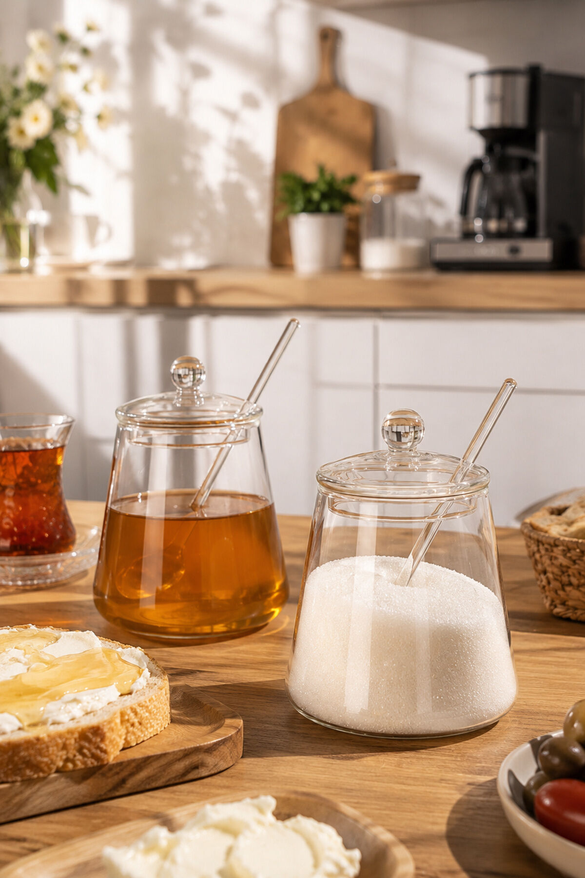 Porsima LM-0019 Kaşıklı Kapaklı Cam 2li Şekerlik Sunumluk Seti Bal Ve Reçel Kavanozu Saklama Kabı 500ml